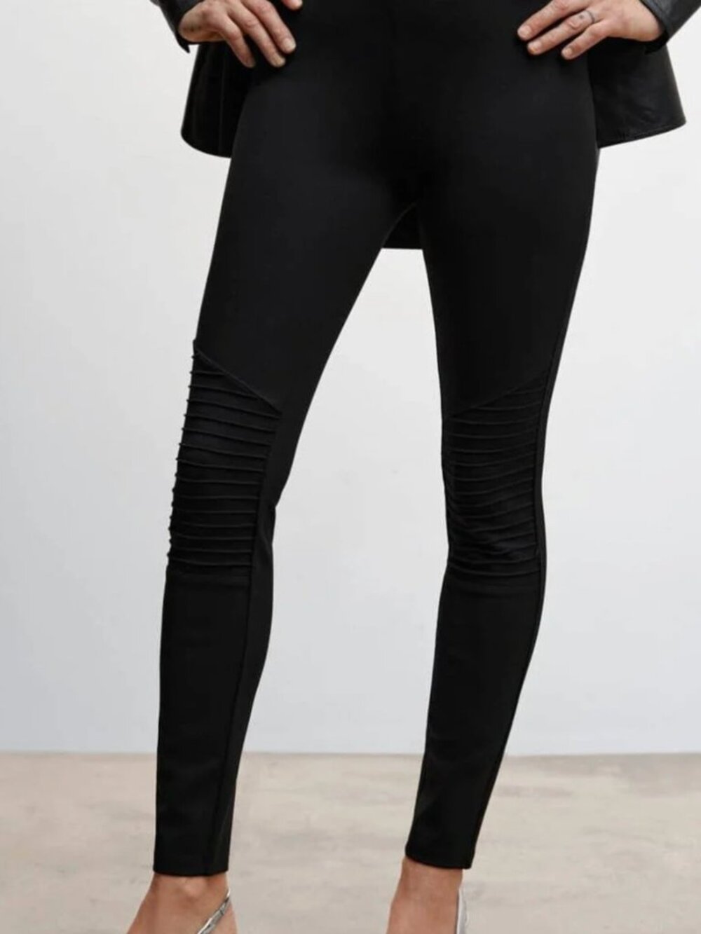 Mango Black Ribbed-Panel Leggings (tight)